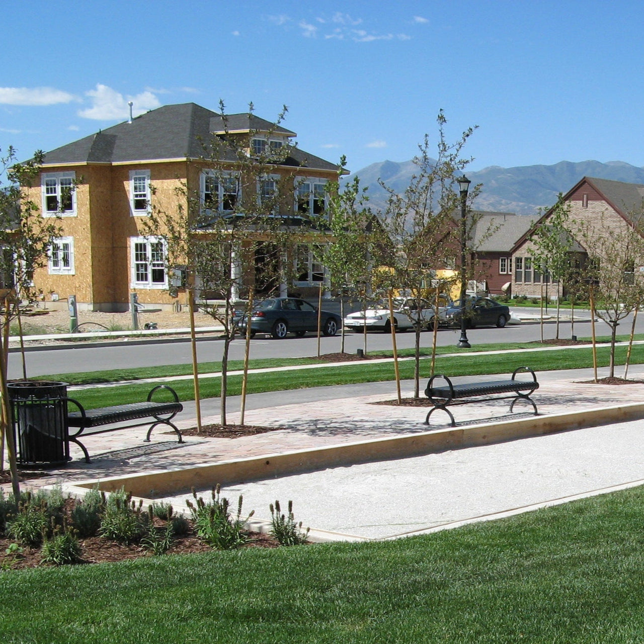 Oyster shell bocce court in Park City, UT on a sunny day.